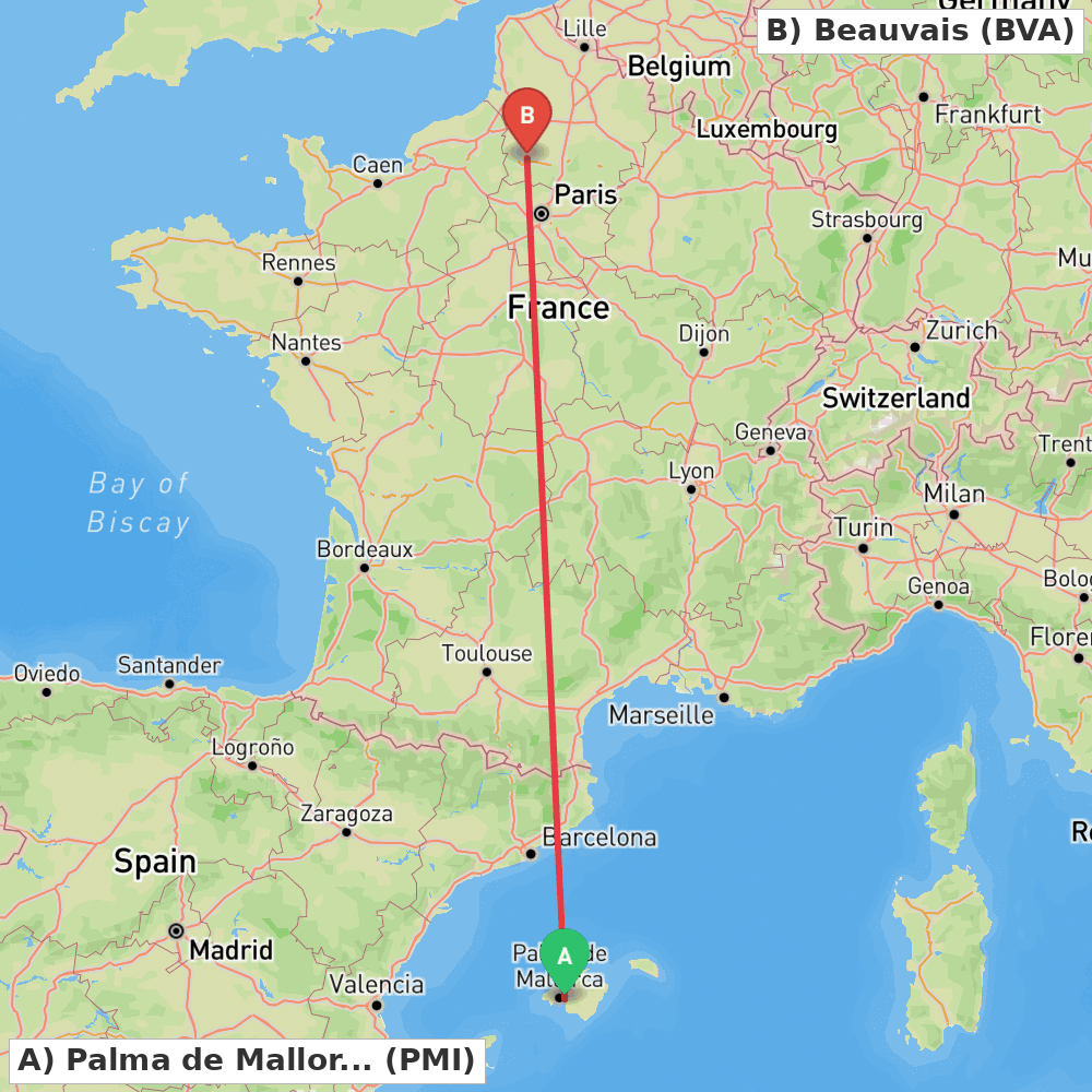 Flight route map from Palma de Mallorca to Beauvais