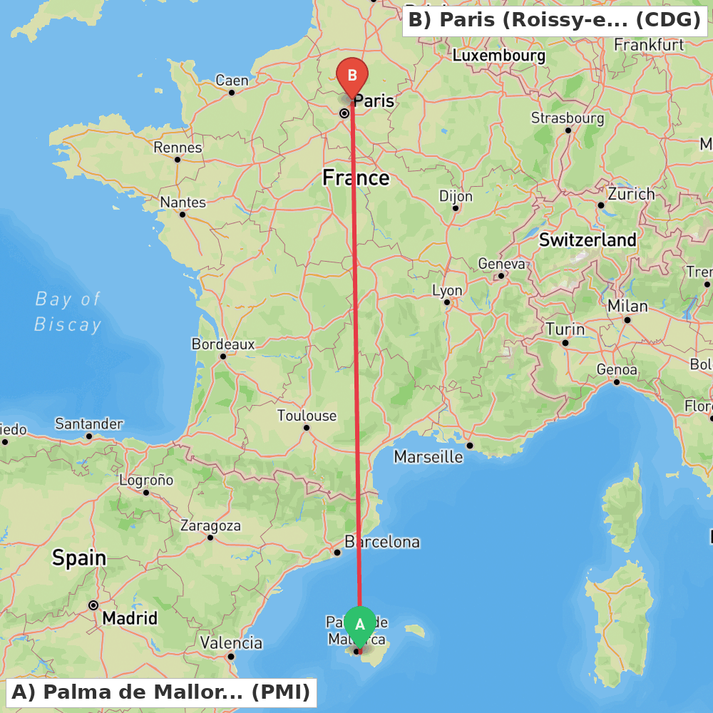 Flight route map from Palma de Mallorca to Paris (Roissy-en-France, Val-d'Oise)