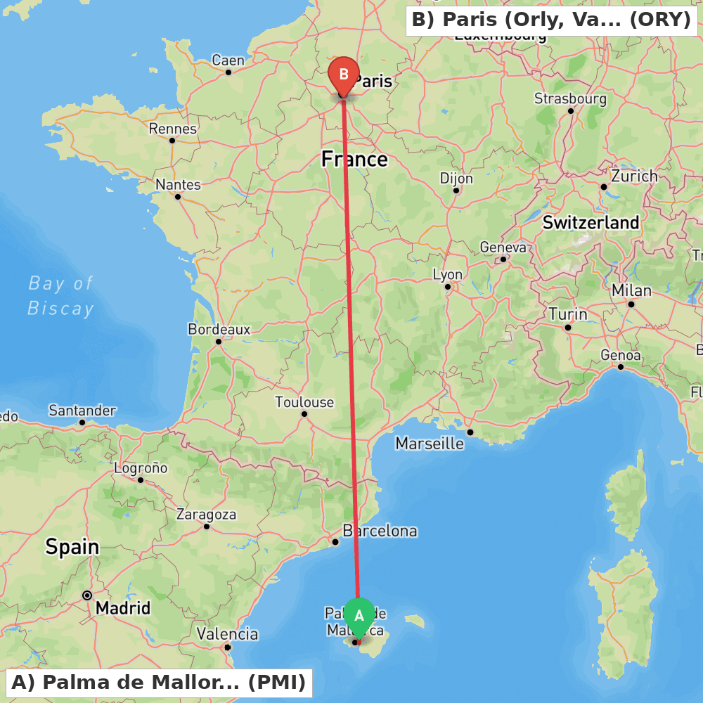 Flight route map from Palma de Mallorca to Paris (Orly, Val-de-Marne)