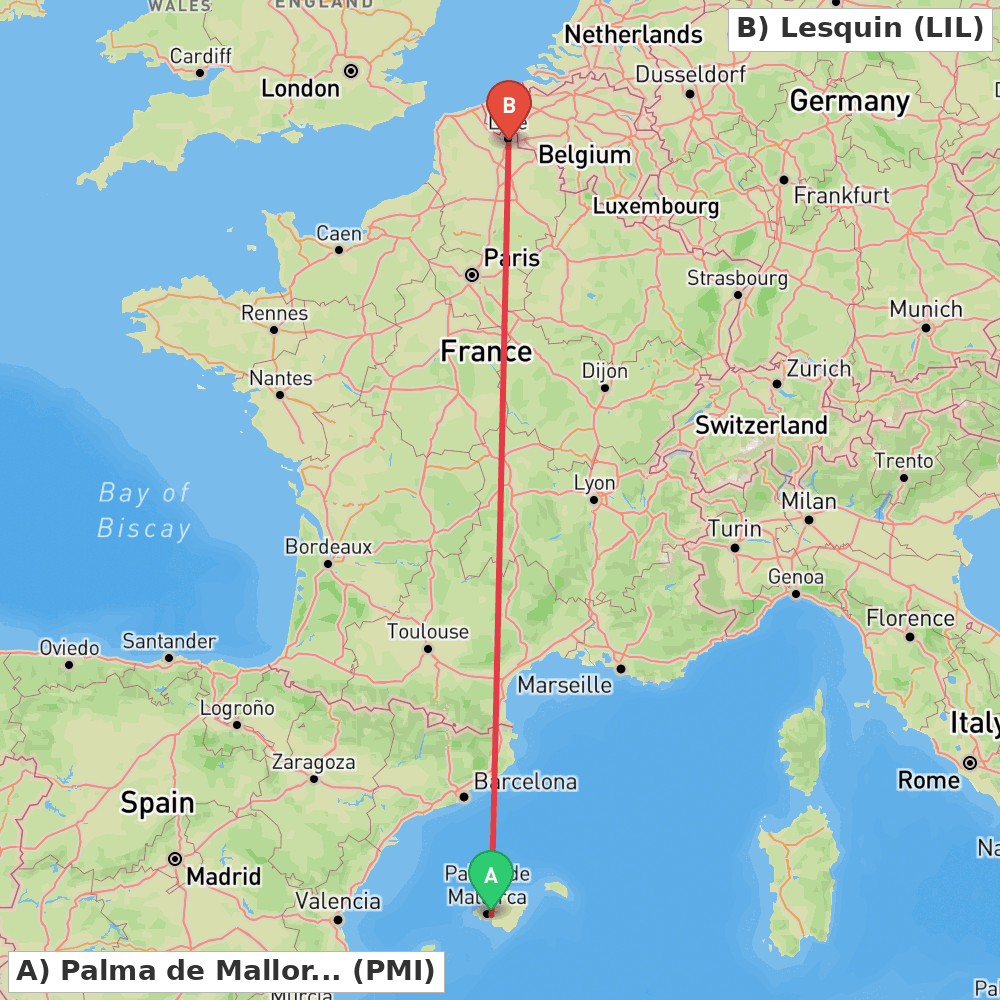 Flight route map from Palma de Mallorca to Lesquin