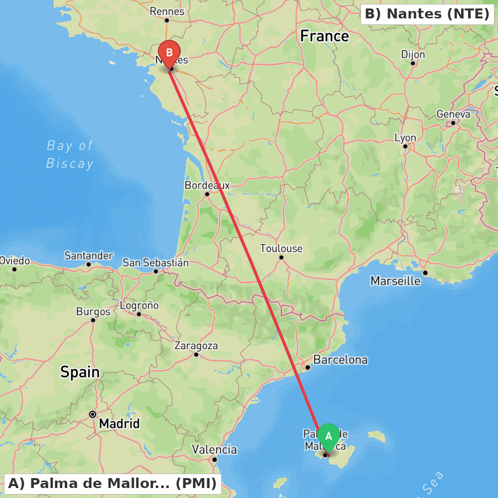 Flight route map from Palma de Mallorca to Nantes