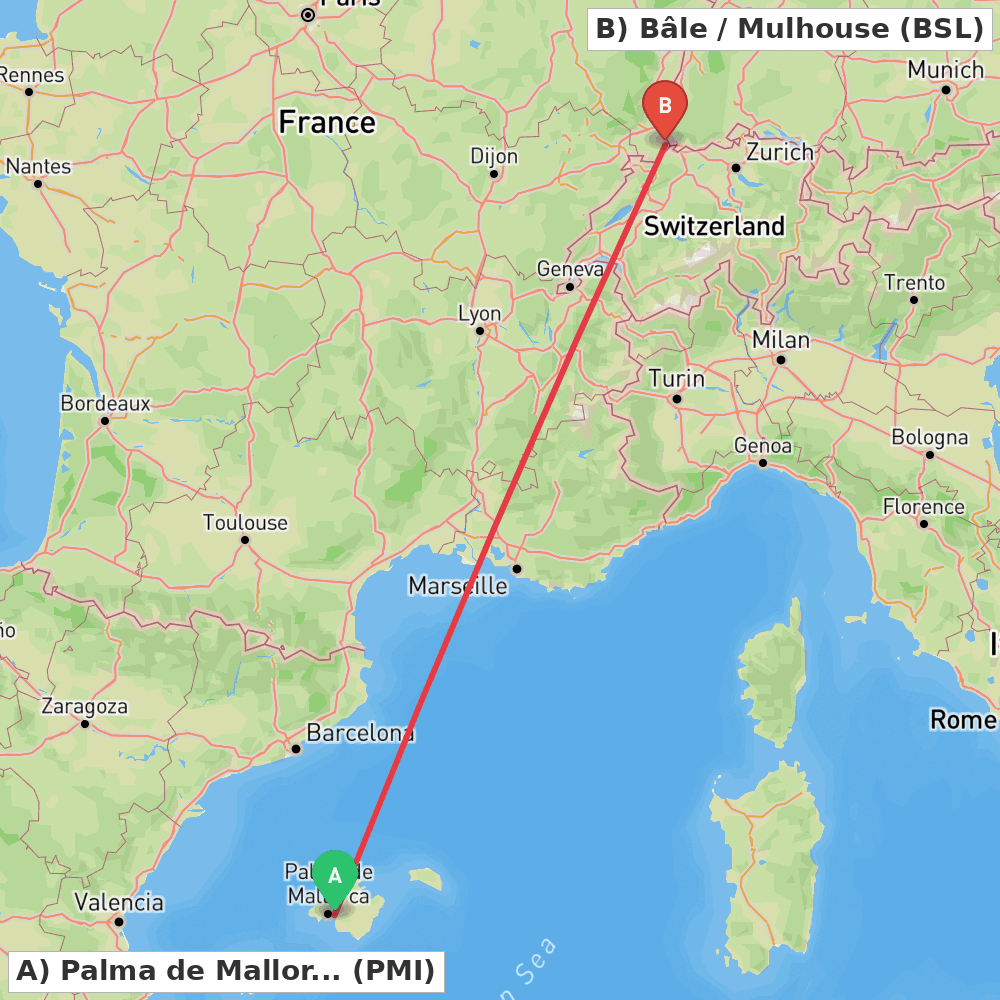Flight route map from Palma de Mallorca to Bâle / Mulhouse