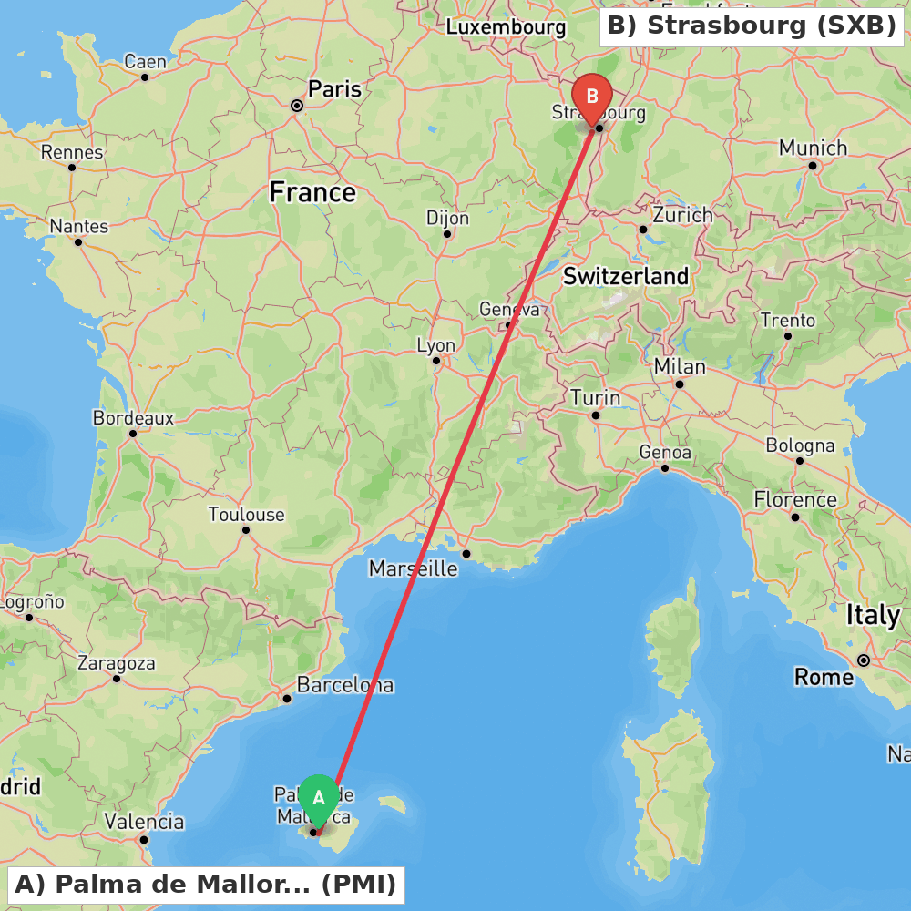 Flight route map from Palma de Mallorca to Strasbourg