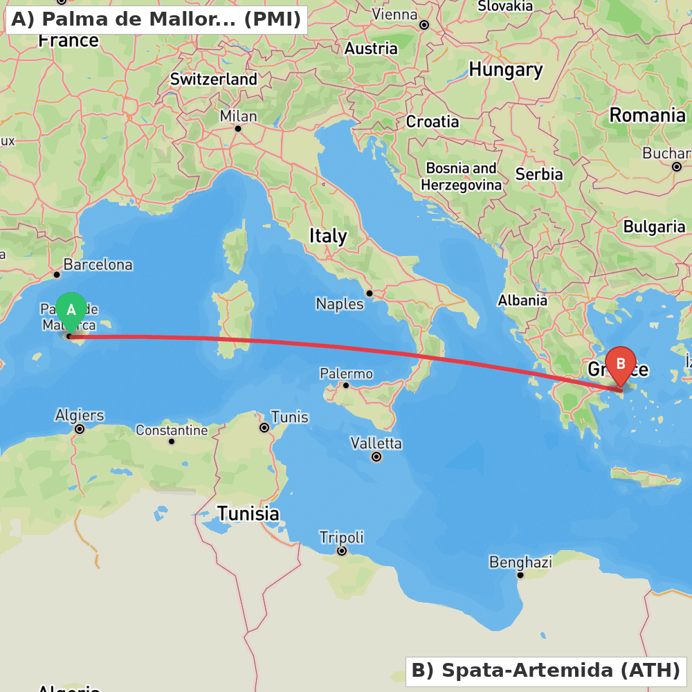 Flight route map from Palma de Mallorca to Spata-Artemida