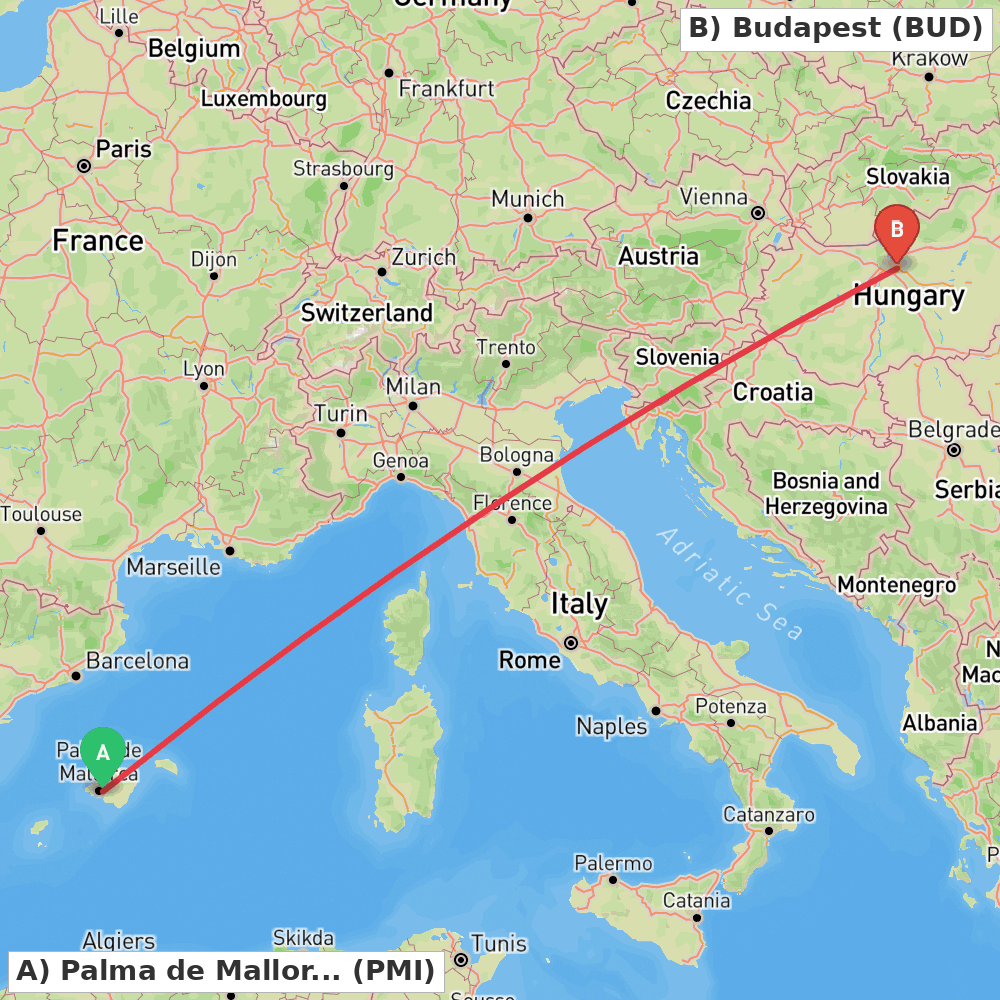 Flight route map from Palma de Mallorca to Budapest