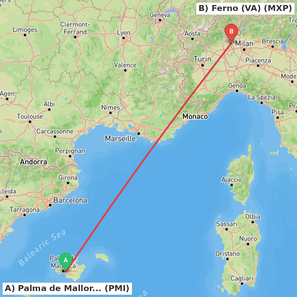 Flight route map from Palma de Mallorca to Ferno (VA)