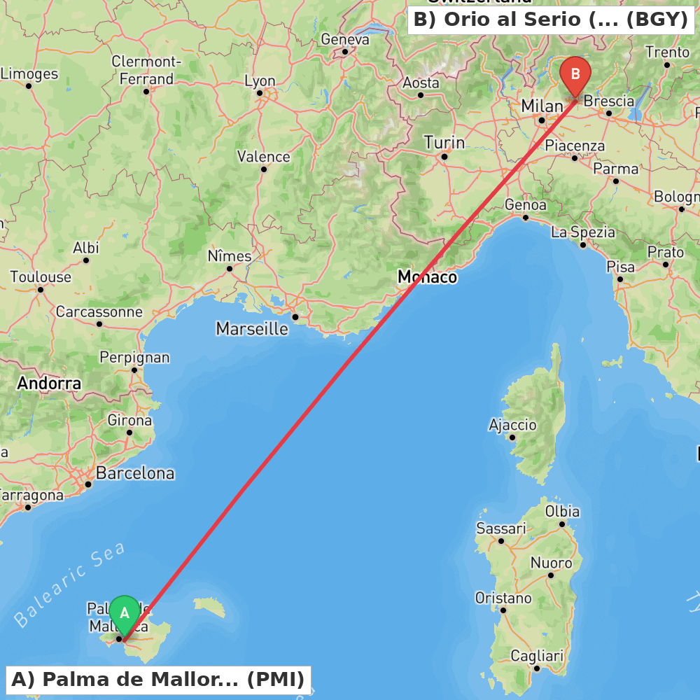 Flight route map from Palma de Mallorca to Orio al Serio (BG)