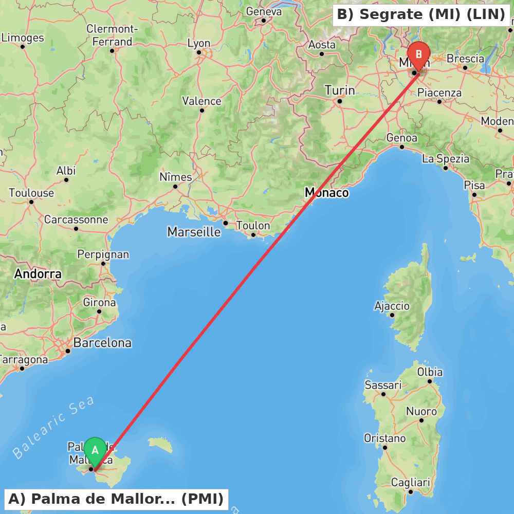Flight route map from Palma de Mallorca to Segrate (MI)