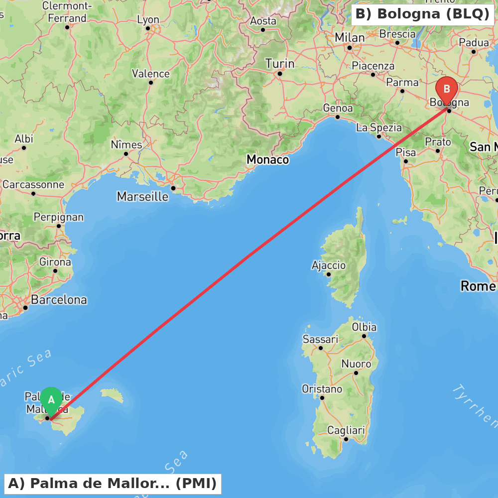 Flight route map from Palma de Mallorca to Bologna