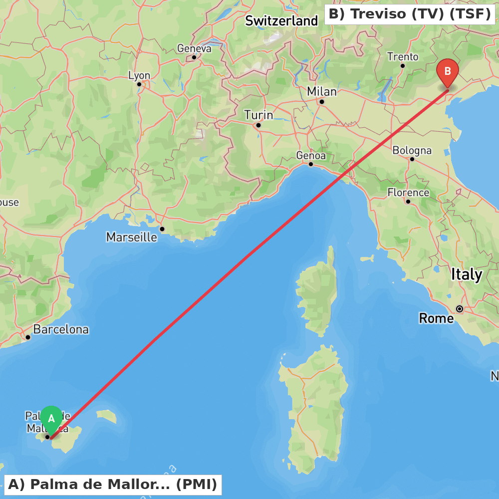 Flight route map from Palma de Mallorca to Treviso (TV)