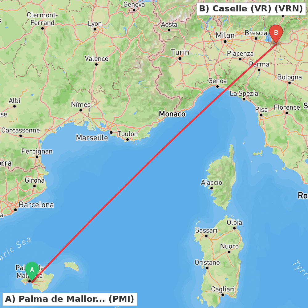 Flight route map from Palma de Mallorca to Caselle (VR)