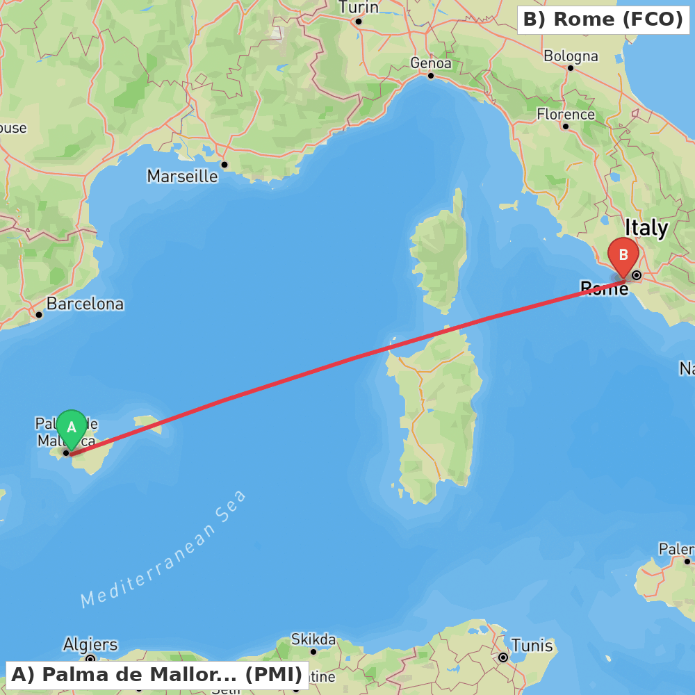 Flight route map from Palma de Mallorca to Rome
