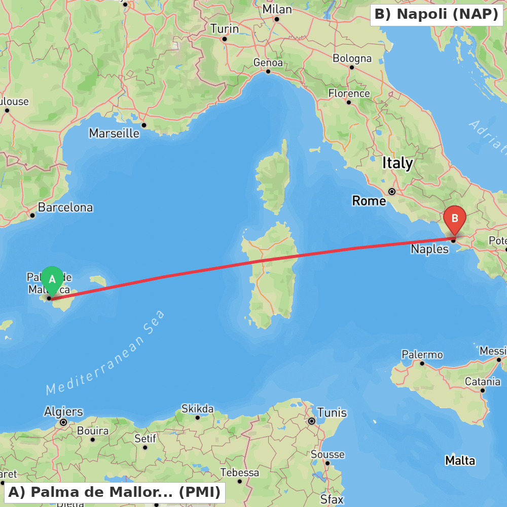 Flight route map from Palma de Mallorca to Napoli
