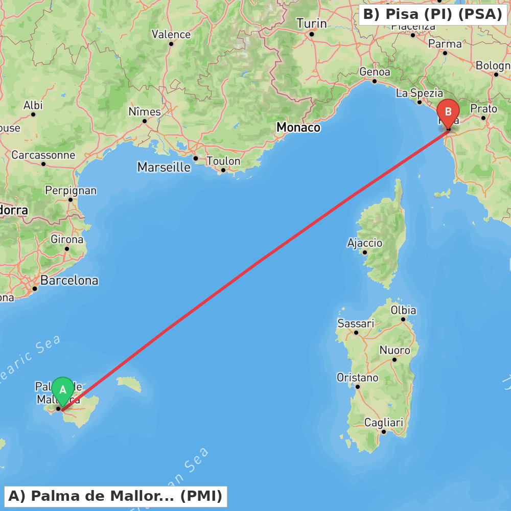 Flight route map from Palma de Mallorca to Pisa (PI)