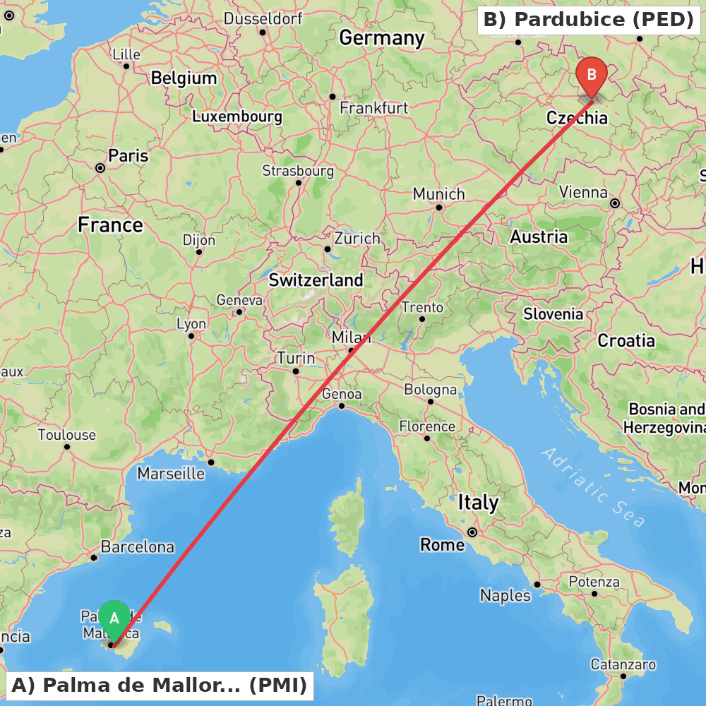 Flight route map from Palma de Mallorca to Pardubice
