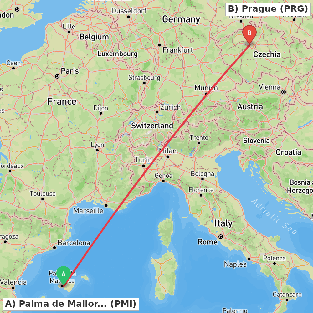 Flight route map from Palma de Mallorca to Prague