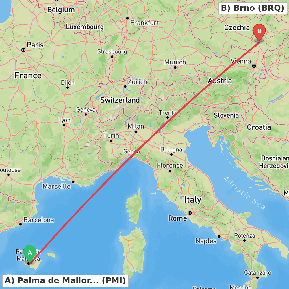 Flight route map from Palma de Mallorca to Brno