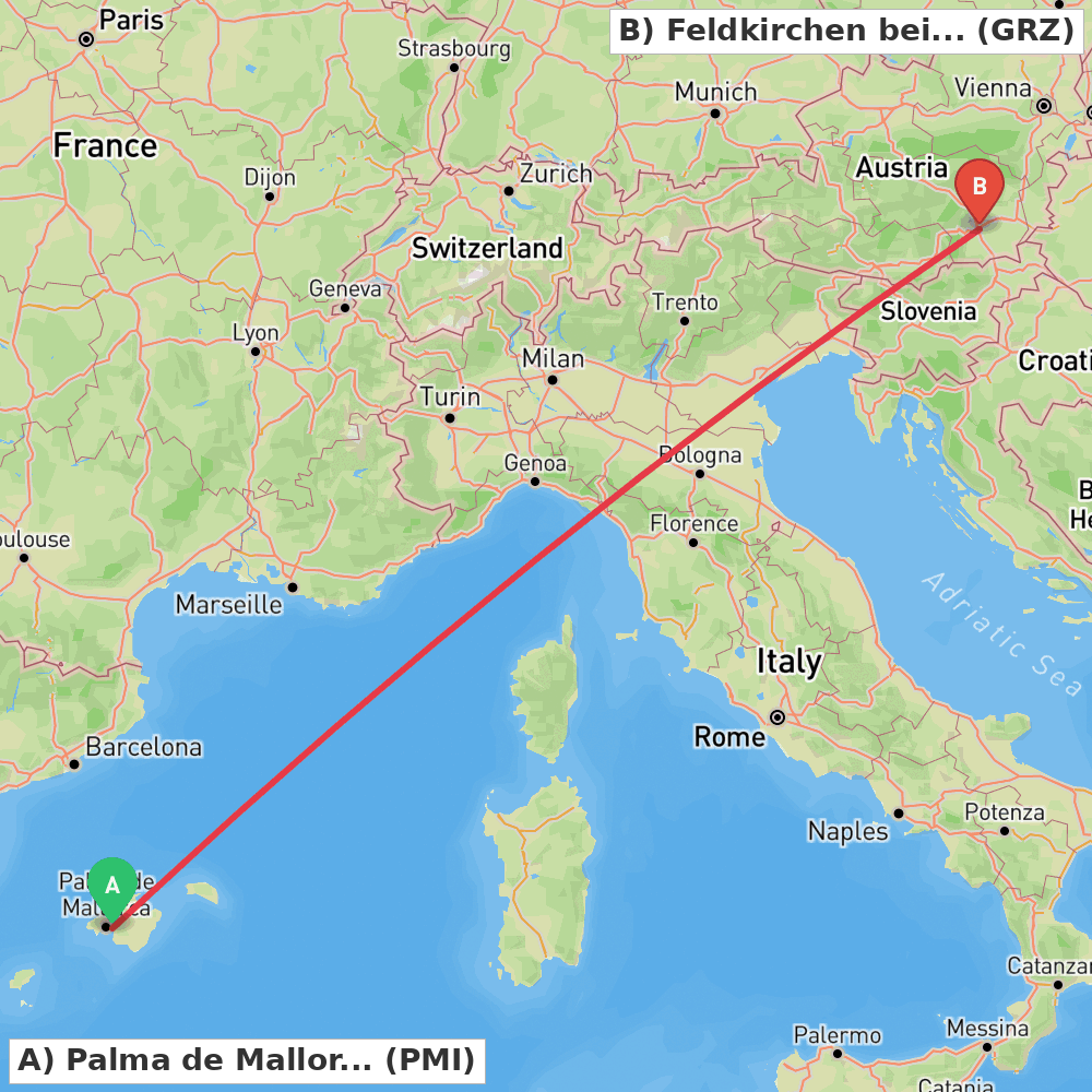 Flight route map from Palma de Mallorca to Feldkirchen bei Graz