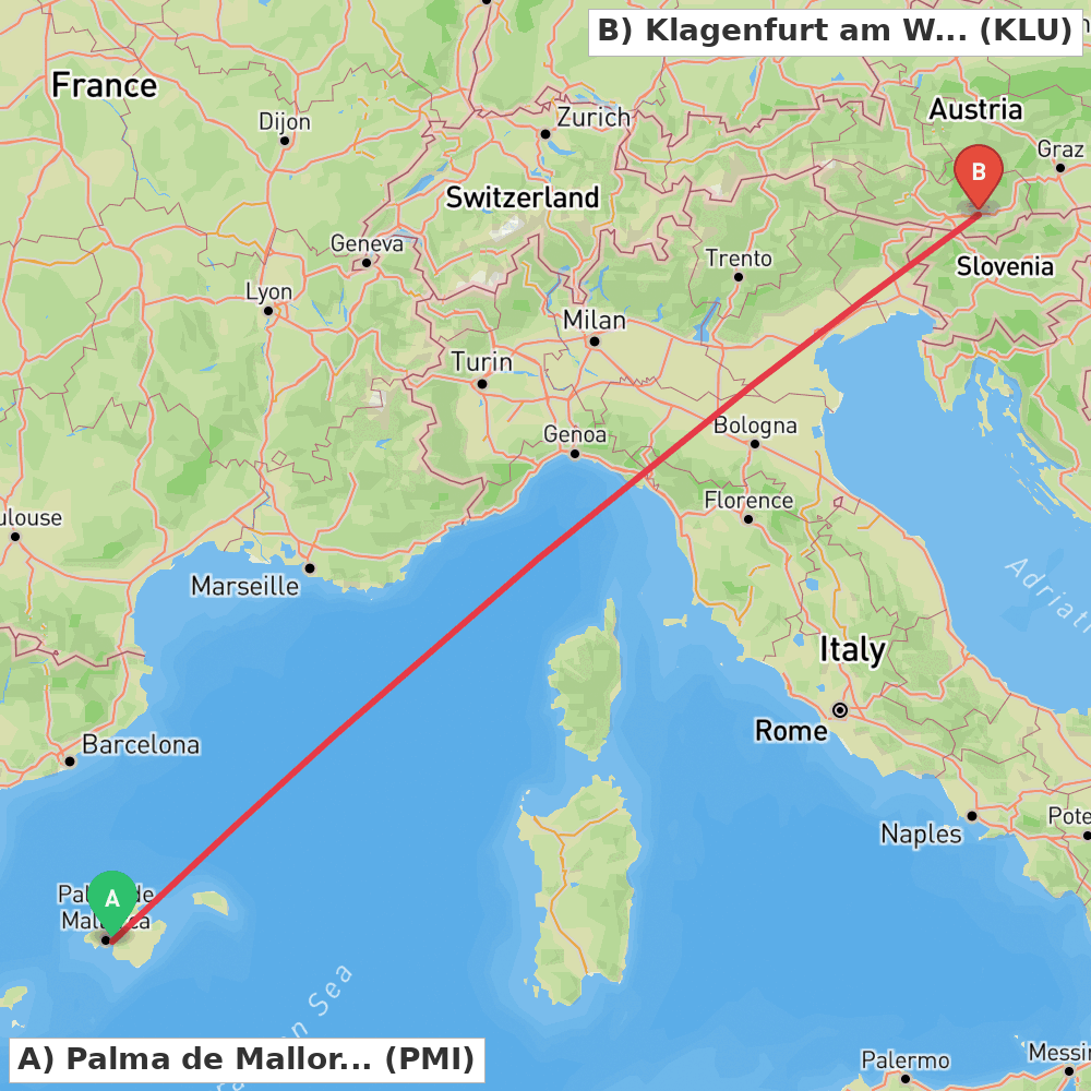 Flight route map from Palma de Mallorca to Klagenfurt am Wörthersee
