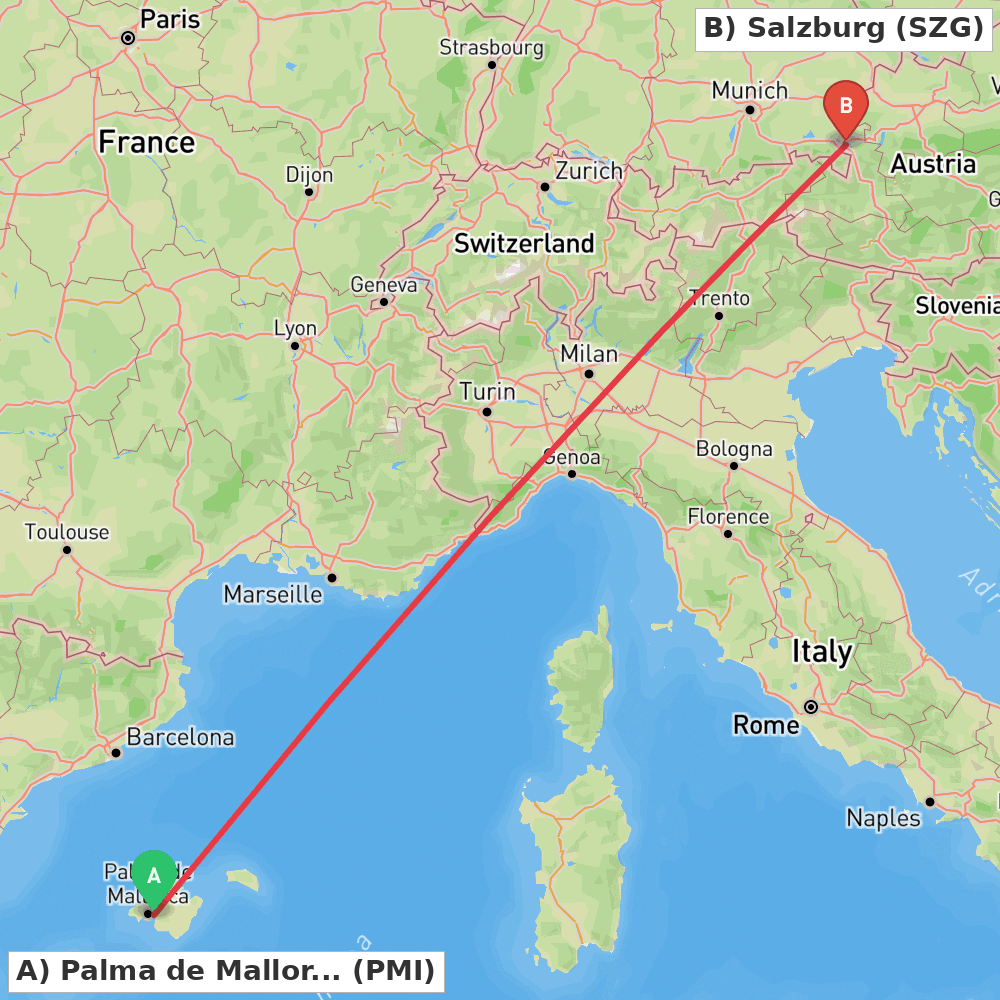 Flight route map from Palma de Mallorca to Salzburg