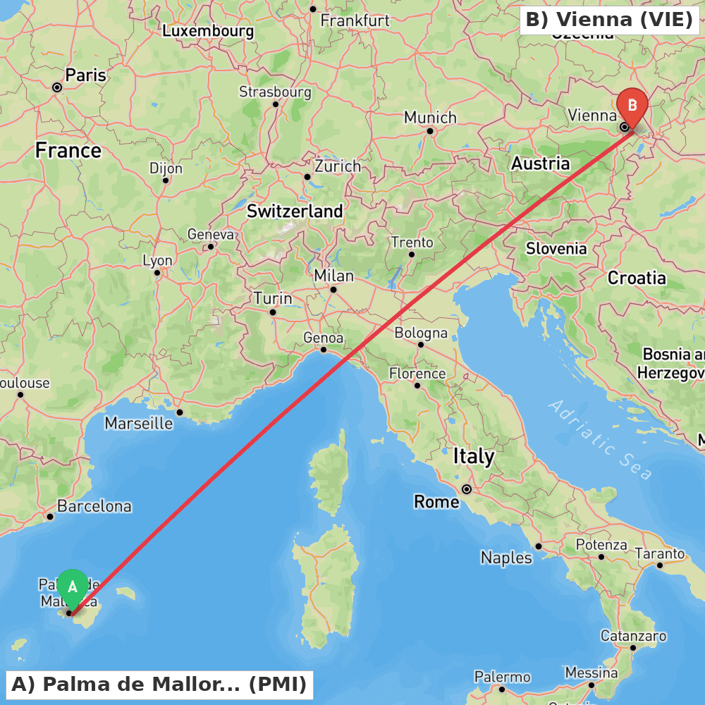 Flight route map from Palma de Mallorca to Vienna
