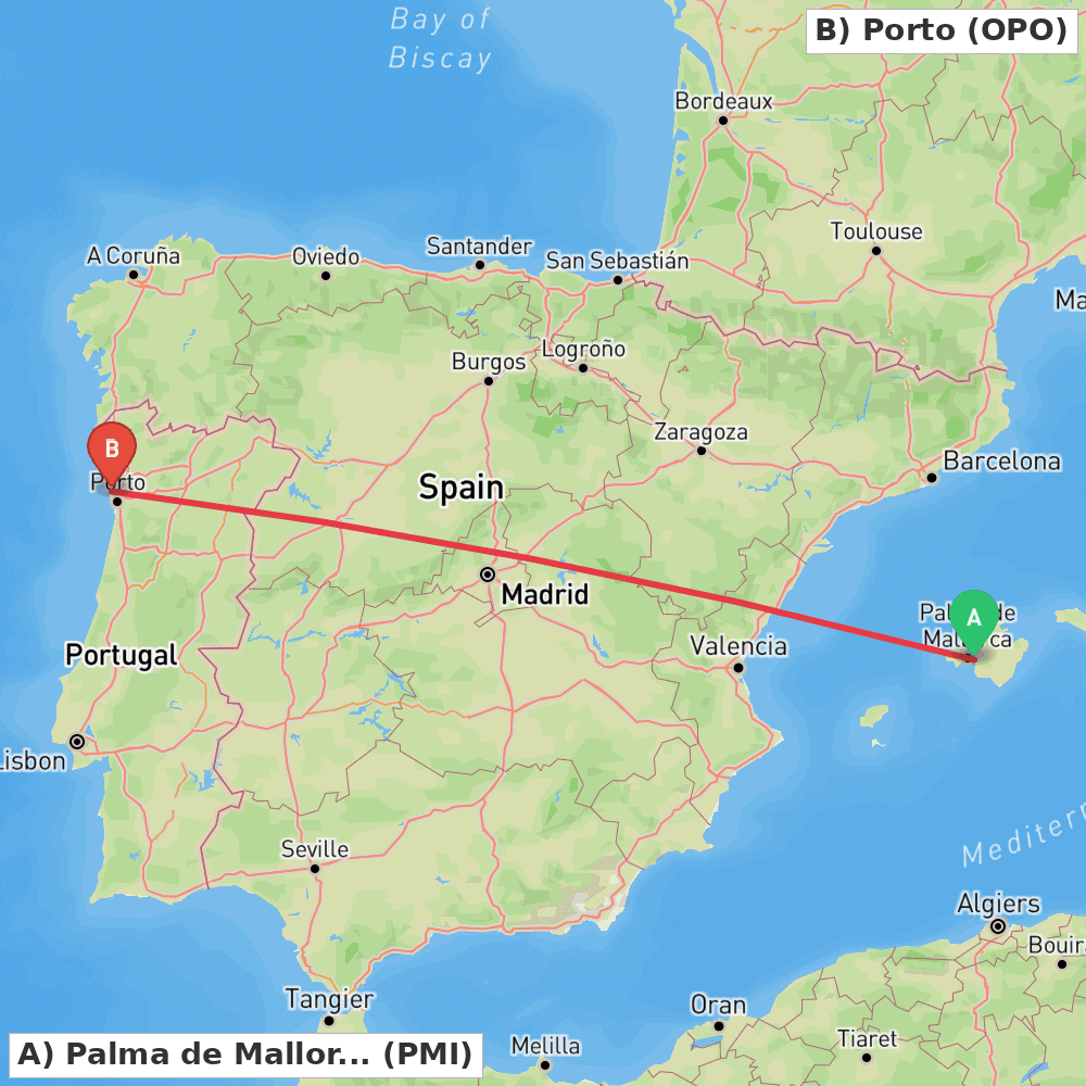 Flight route map from Palma de Mallorca to Porto