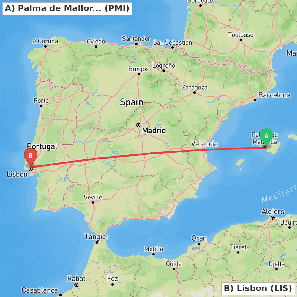 Flight route map from Palma de Mallorca to Lisbon