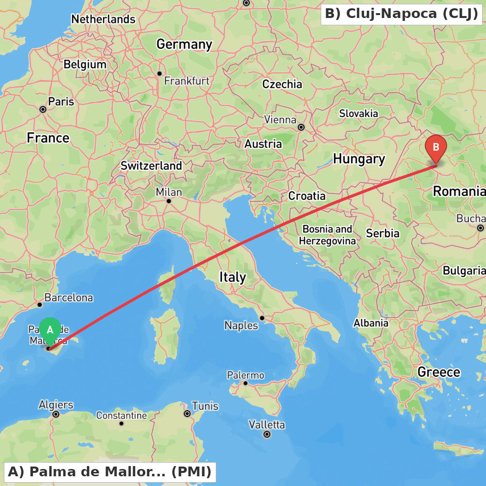 Flight route map from Palma de Mallorca to Cluj-Napoca