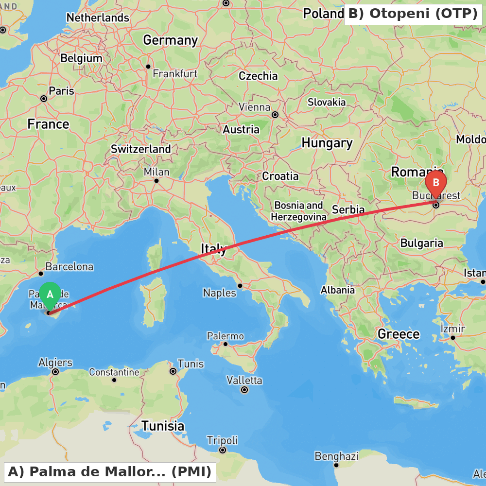 Flight route map from Palma de Mallorca to Otopeni