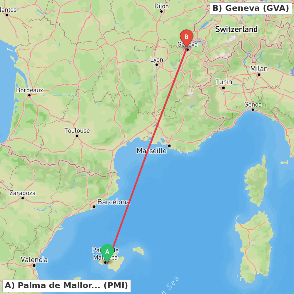Flight route map from Palma de Mallorca to Geneva