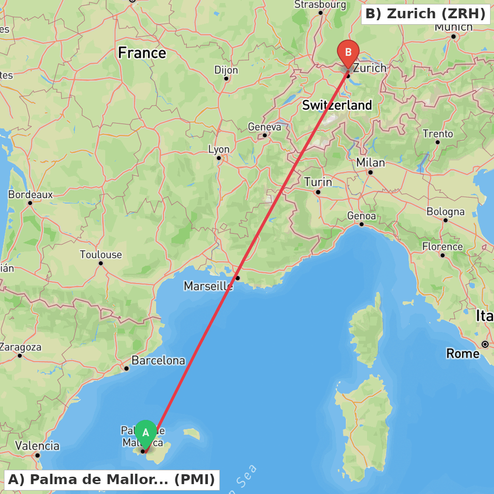 Flight route map from Palma de Mallorca to Zurich