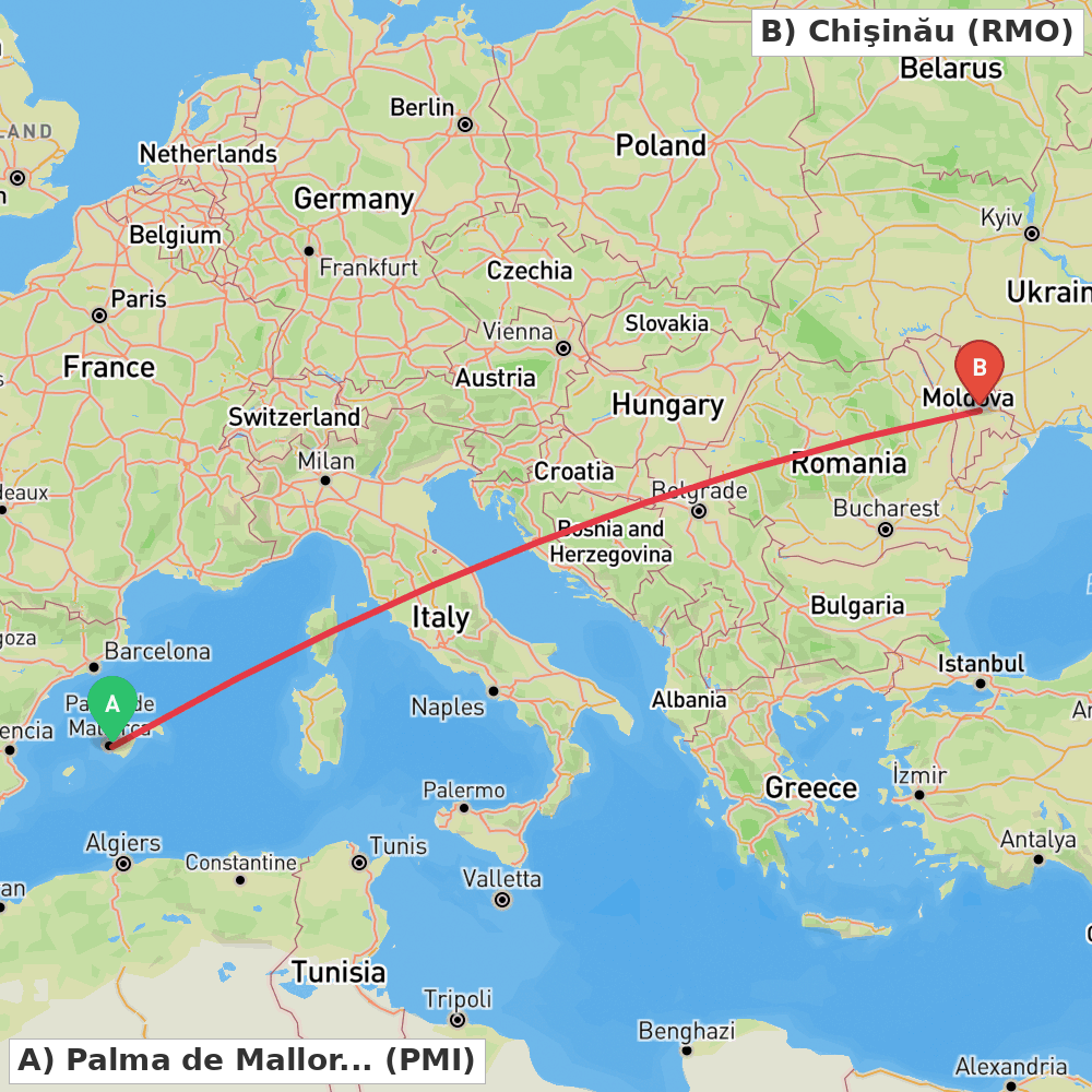 Flight route map from Palma de Mallorca to Chişinău
