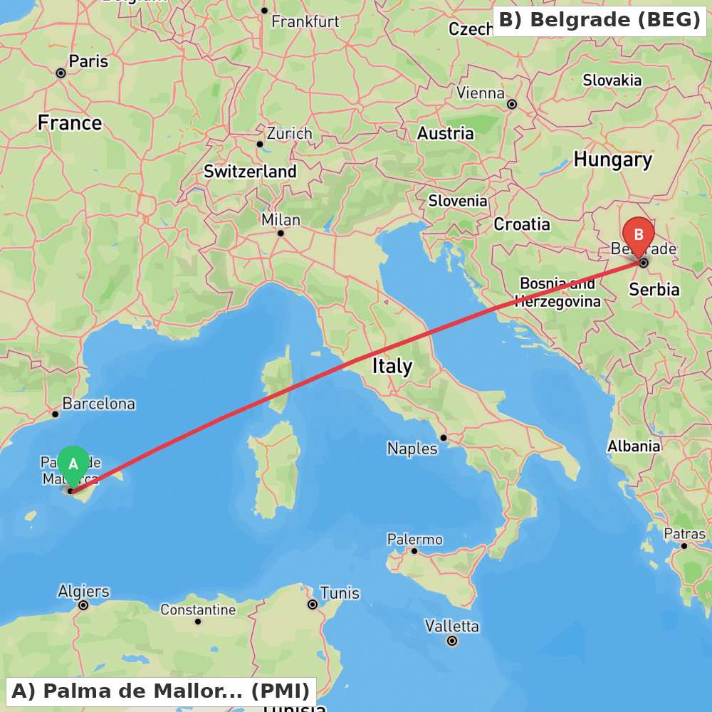 Flight route map from Palma de Mallorca to Belgrade