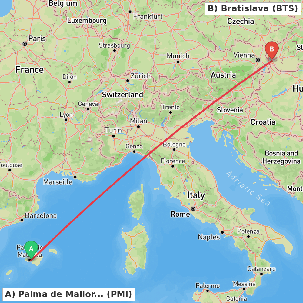 Flight route map from Palma de Mallorca to Bratislava