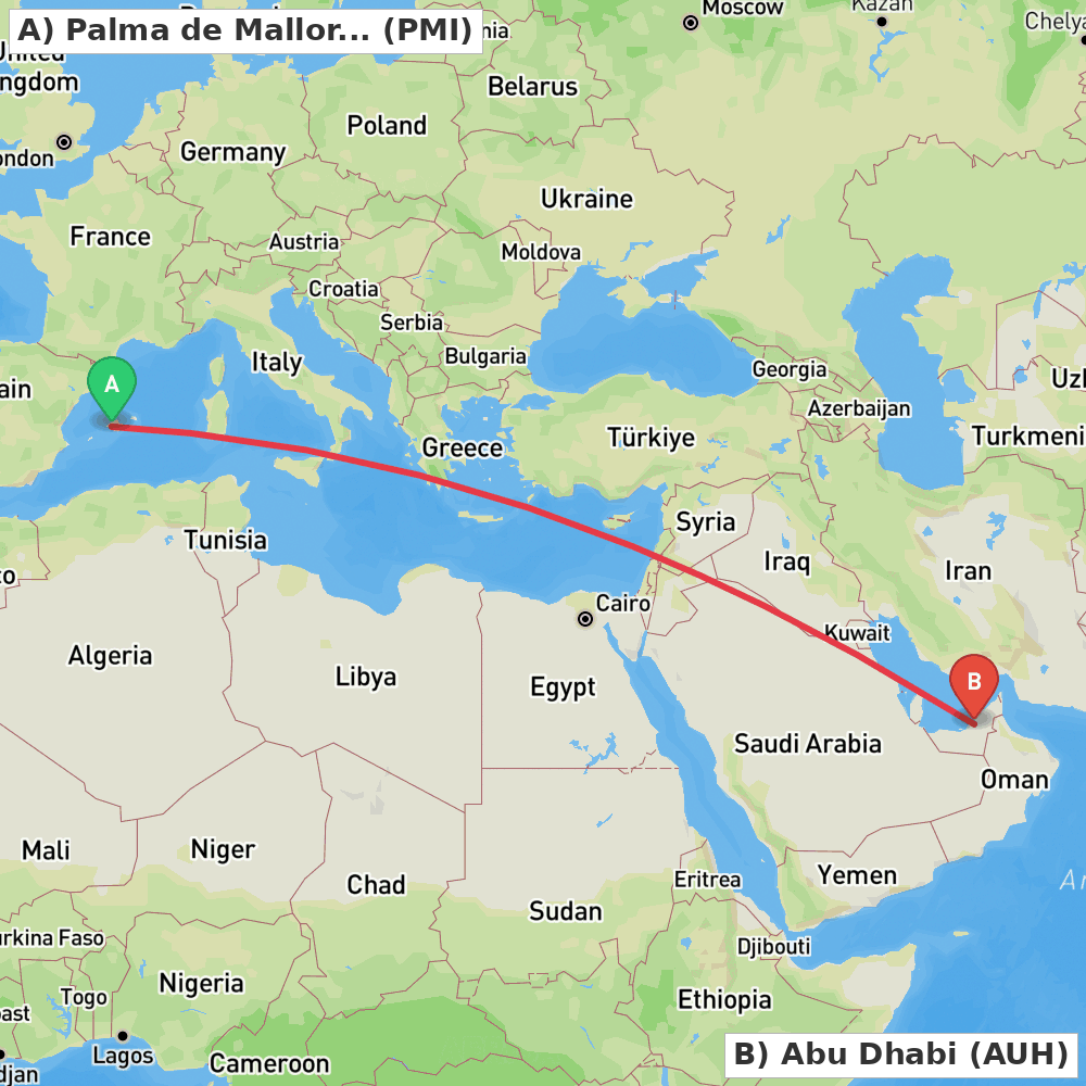 Flight route map from Palma de Mallorca to Abu Dhabi