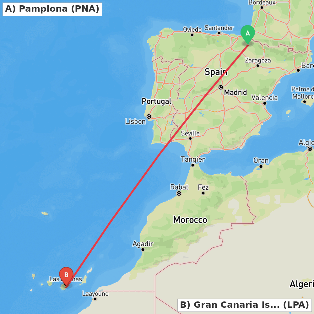 Flight route map from Pamplona to Gran Canaria Island