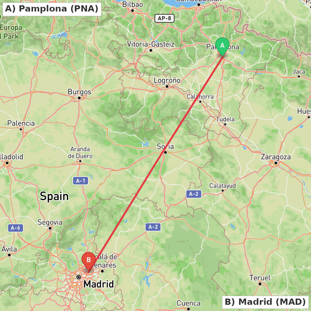 Flight route map from Pamplona to Madrid