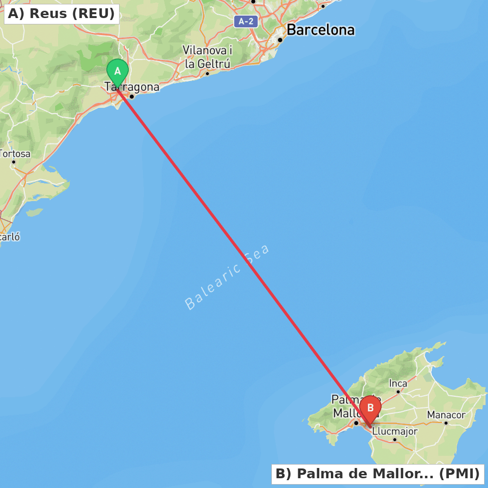 Flight route map from Reus to Palma de Mallorca