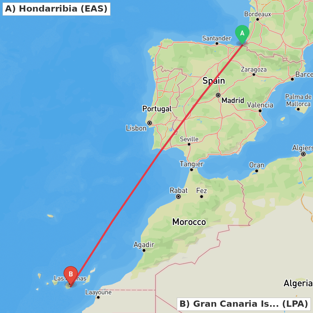 Flight route map from Hondarribia to Gran Canaria Island