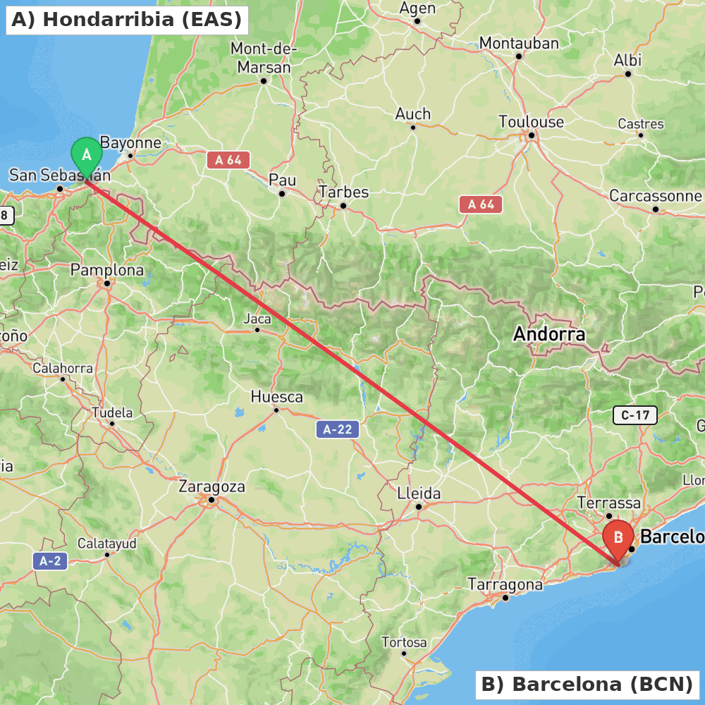 Flight route map from Hondarribia to Barcelona