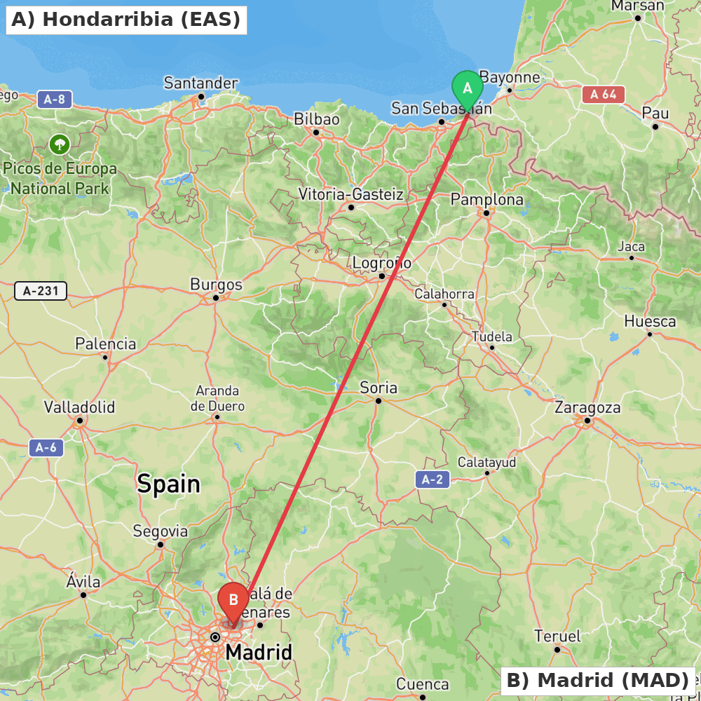 Flight route map from Hondarribia to Madrid