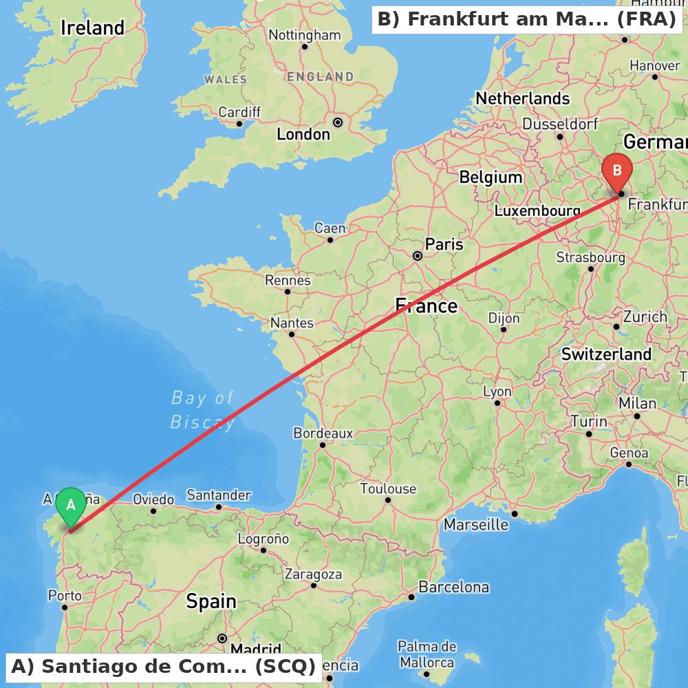 Flight route map from Santiago de Compostela to Frankfurt am Main