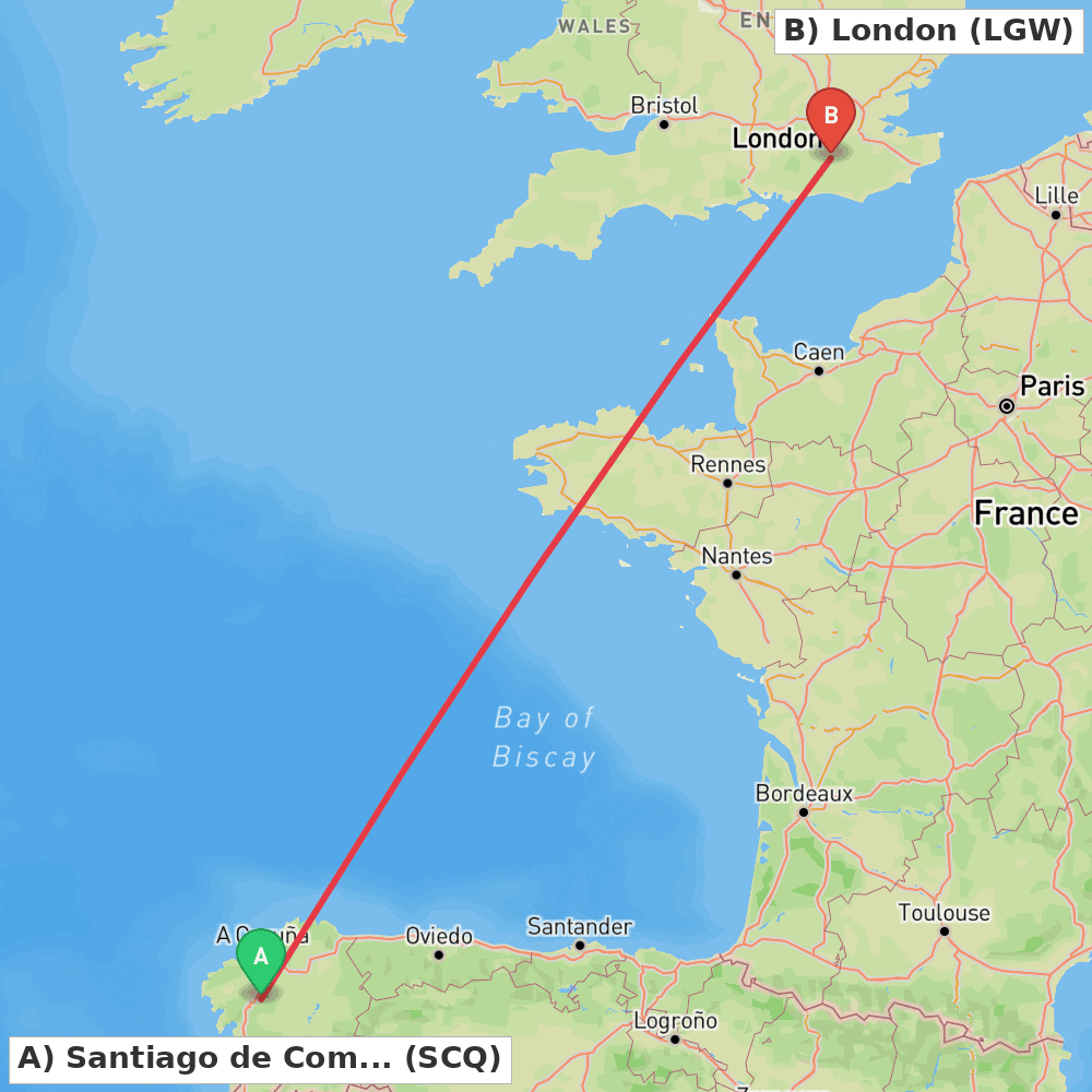 Flight route map from Santiago de Compostela to London