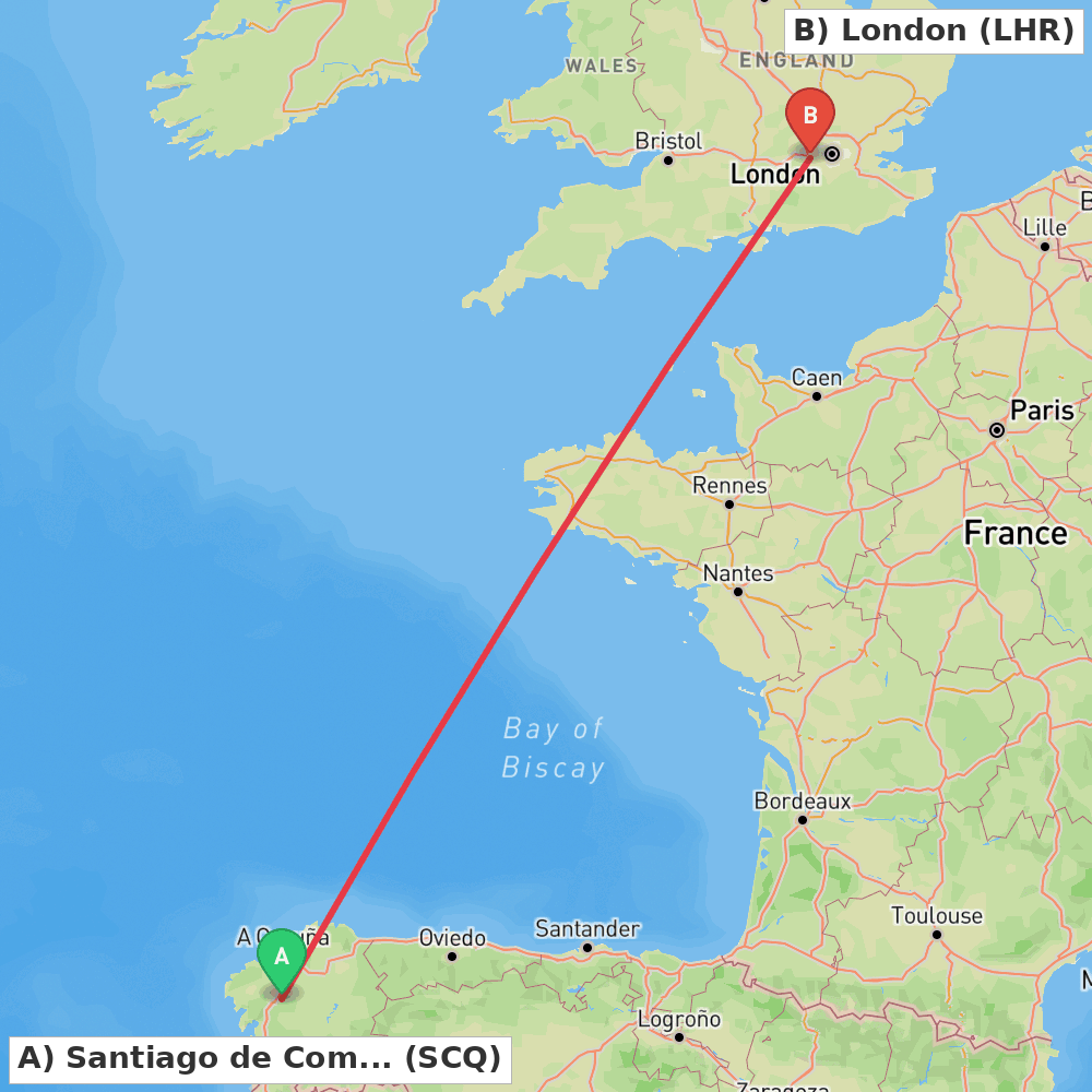 Flight route map from Santiago de Compostela to London