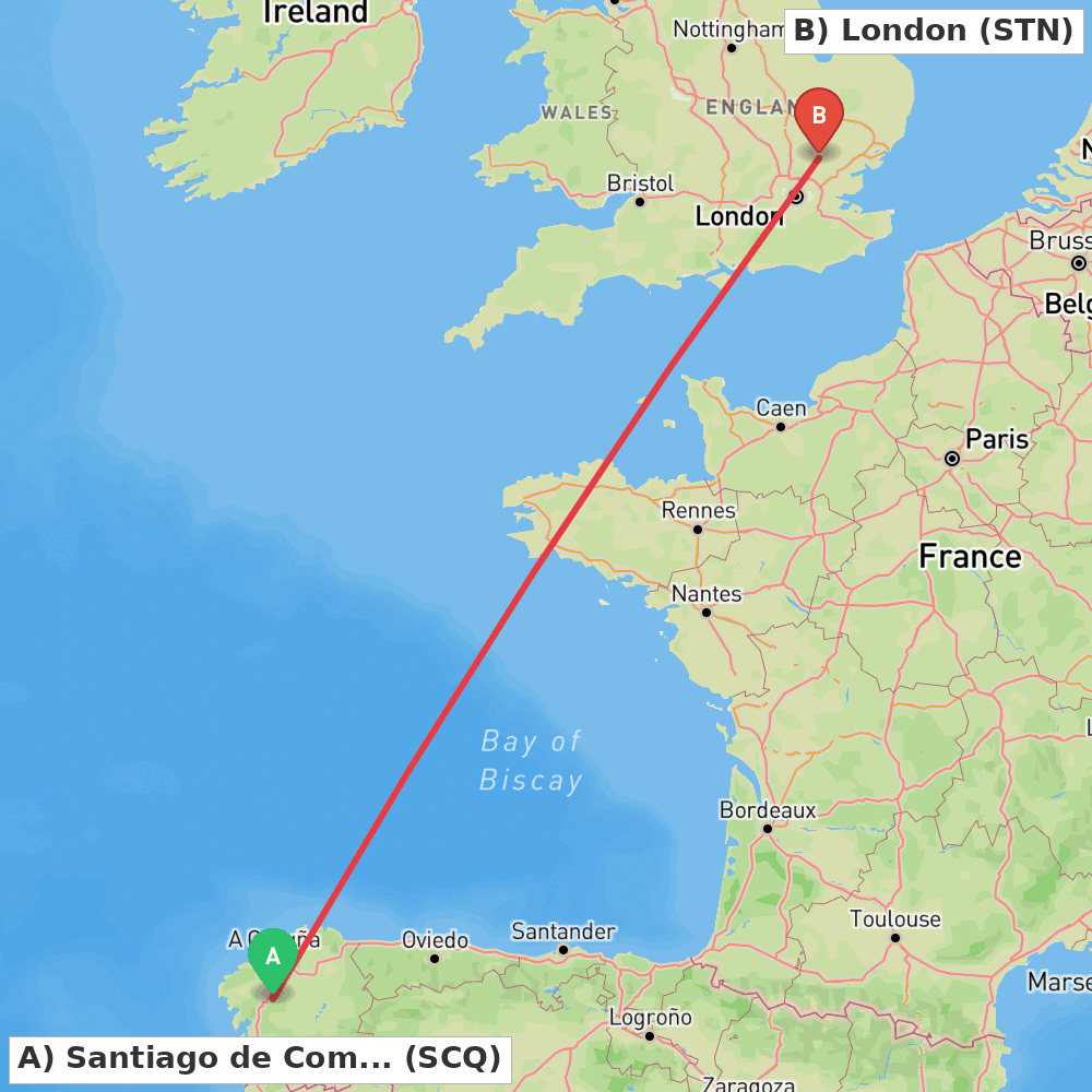 Flight route map from Santiago de Compostela to London