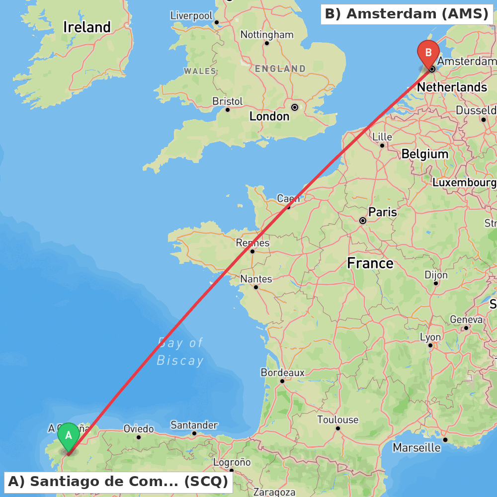 Flight route map from Santiago de Compostela to Amsterdam