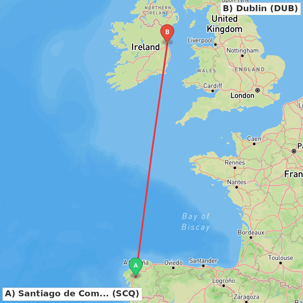 Flight route map from Santiago de Compostela to Dublin