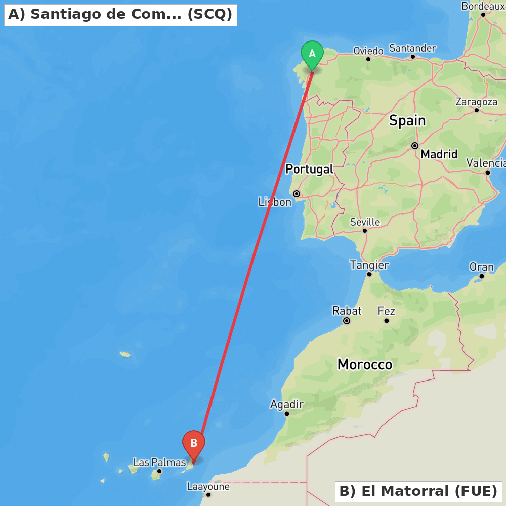 Flight route map from Santiago de Compostela to El Matorral