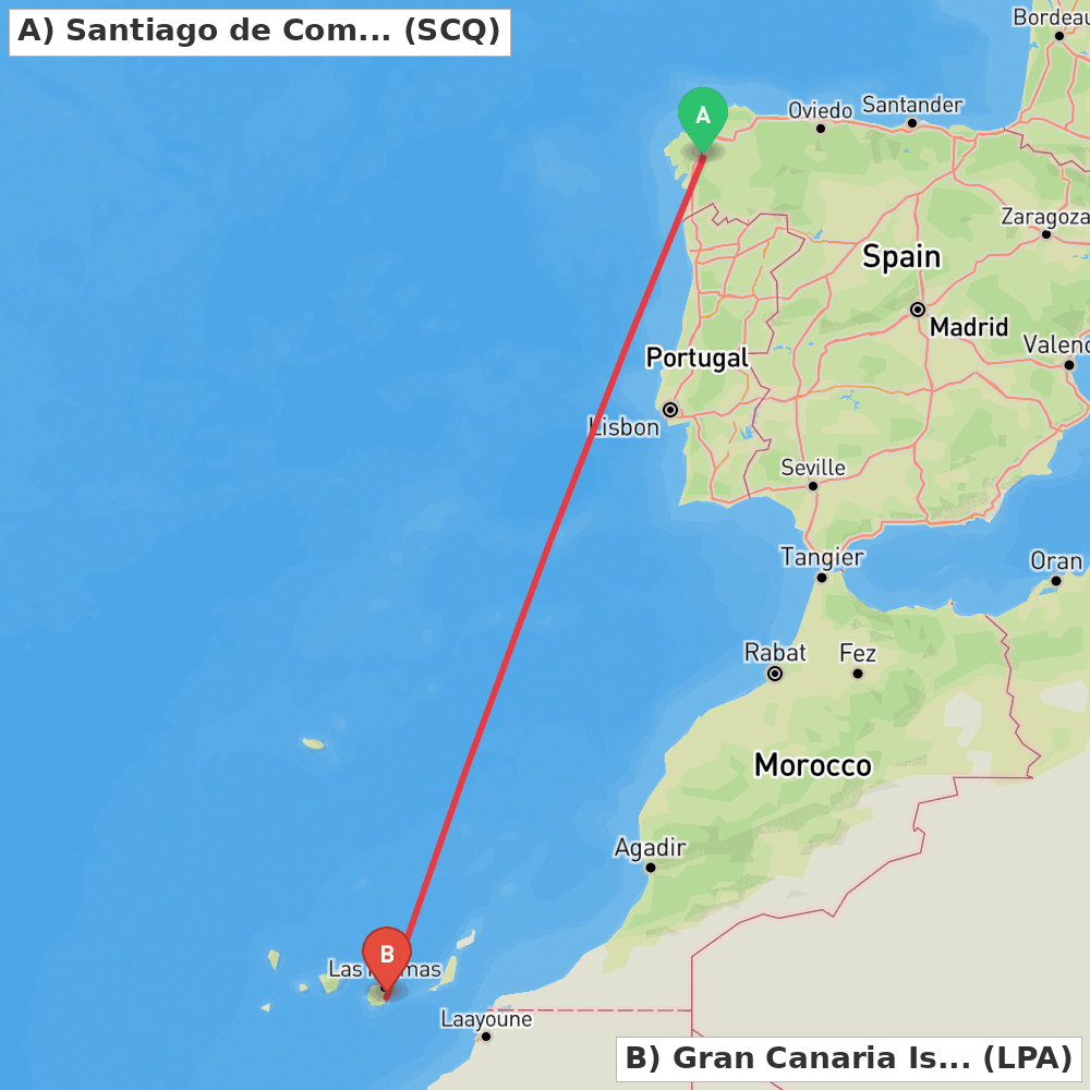 Flight route map from Santiago de Compostela to Gran Canaria Island