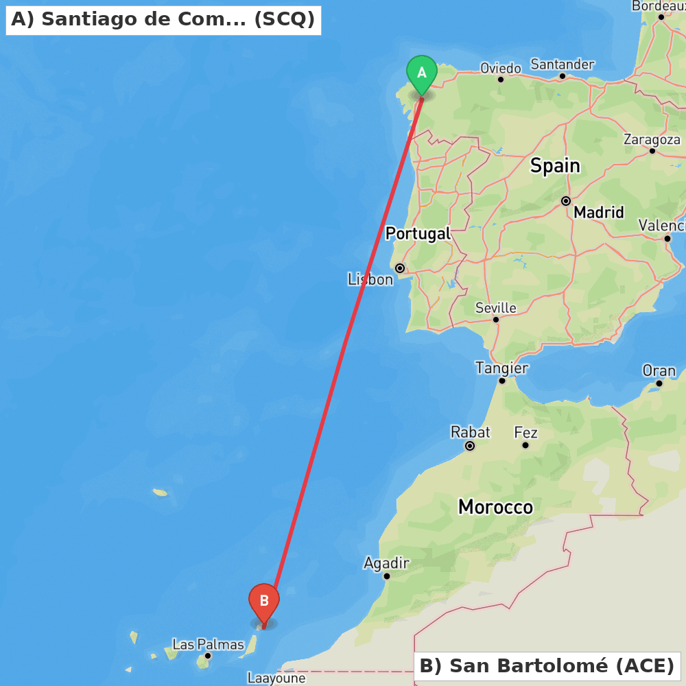 Flight route map from Santiago de Compostela to San Bartolomé